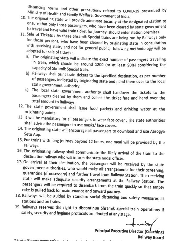 Guideline about Food In Shramik Special train 