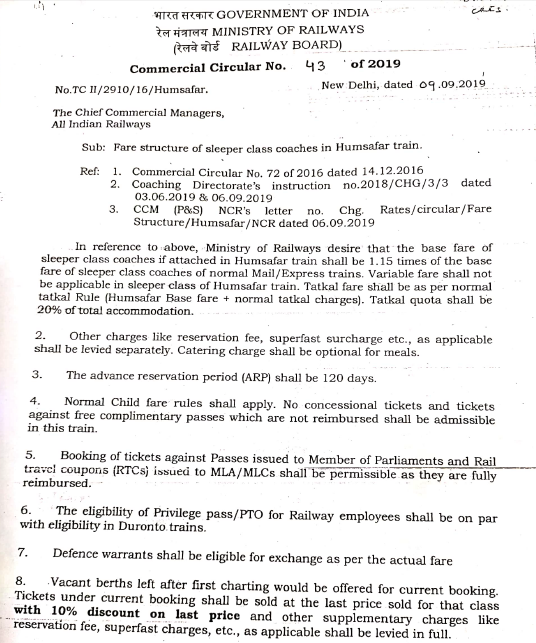 Fare structure of Humsafar Train