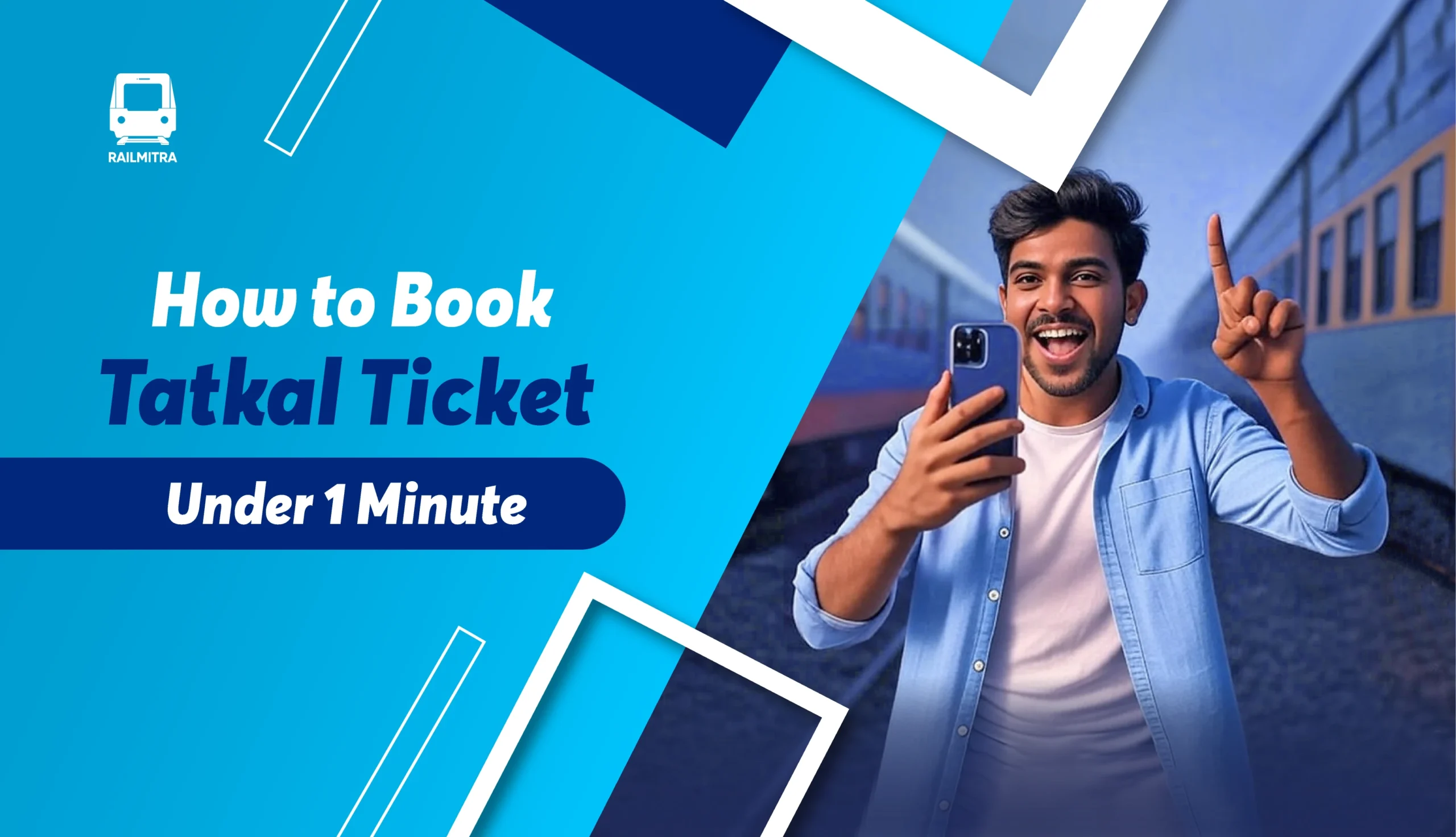 Happy man booking Tatkal ticket quickly on mobile at railway station – RailMitra guide for booking in under 1 minute.