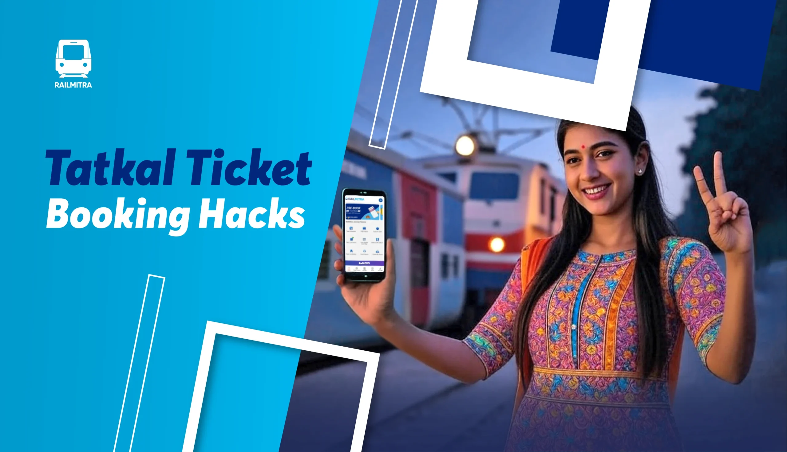 Smiling woman showing RailMitra app on phone with a train in the background – Discover Tatkal ticket booking hacks.