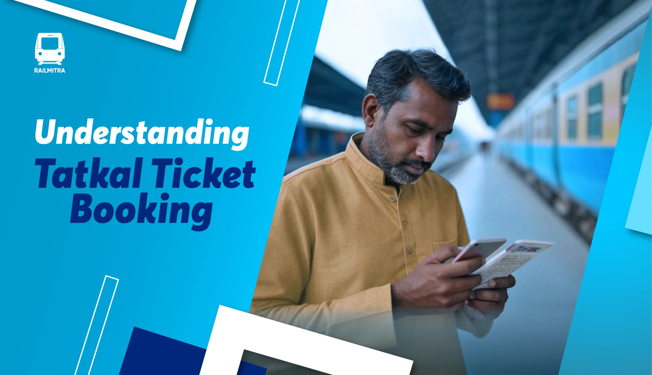 Man checking train ticket details on mobile at railway station – Understanding Tatkal Ticket Booking with RailMitra.