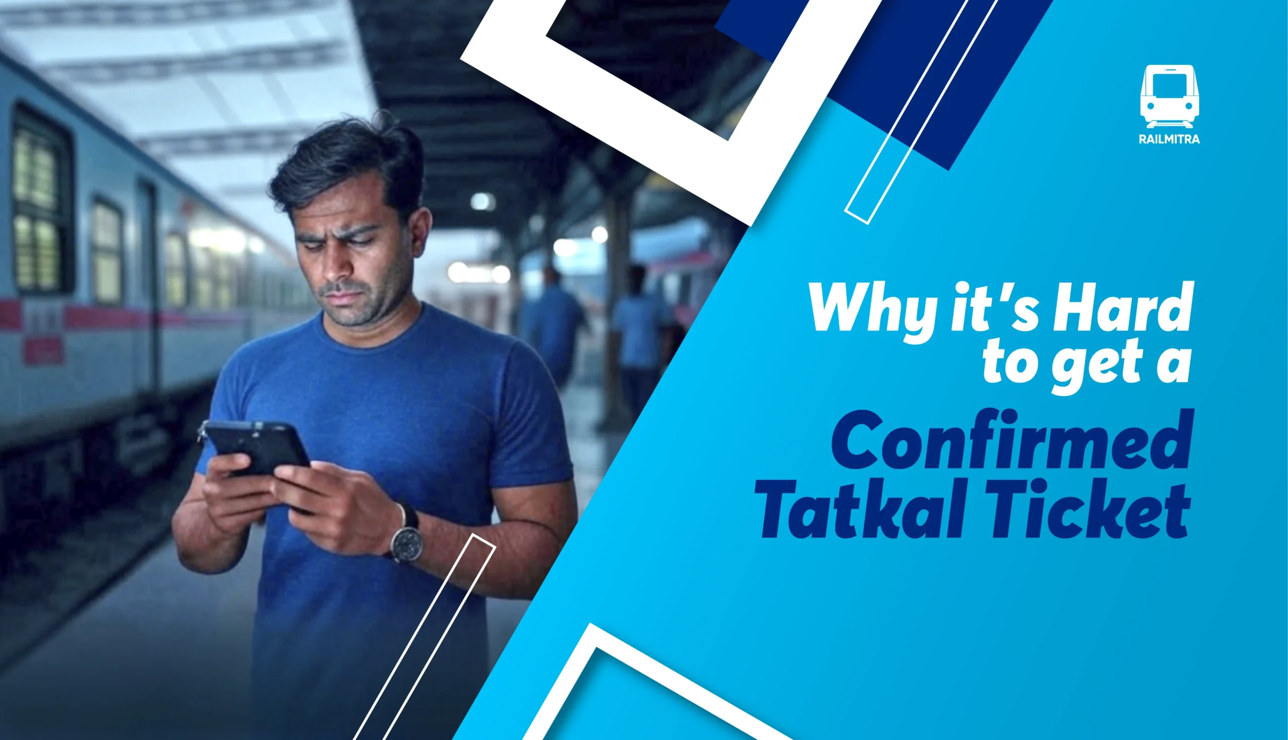 Man checking mobile phone at railway station – Challenges in getting a confirmed Tatkal ticket explained by RailMitra.