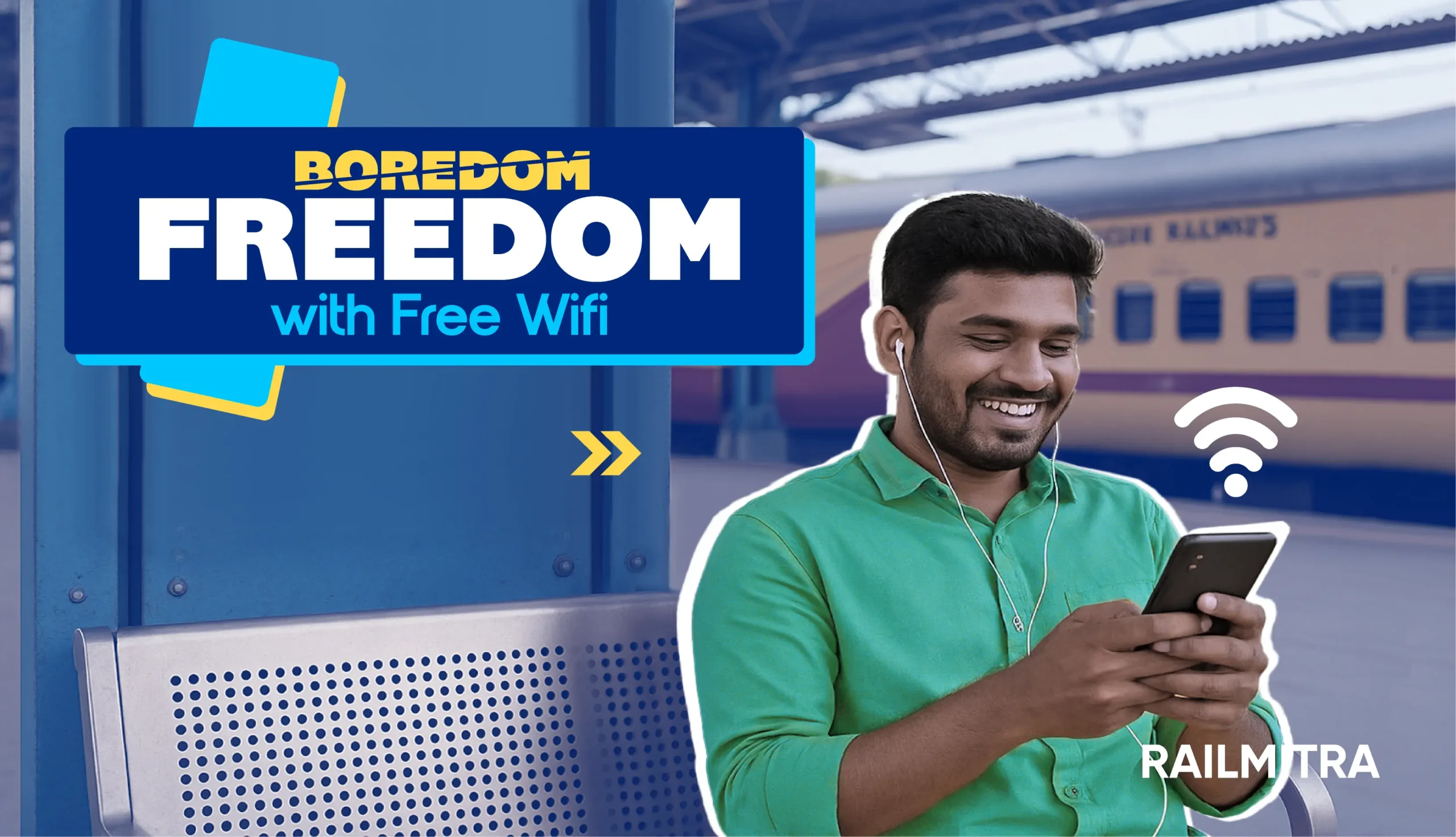 A man enjoying free wifi at the railway station. With RailMitra boredom turns into freedom.