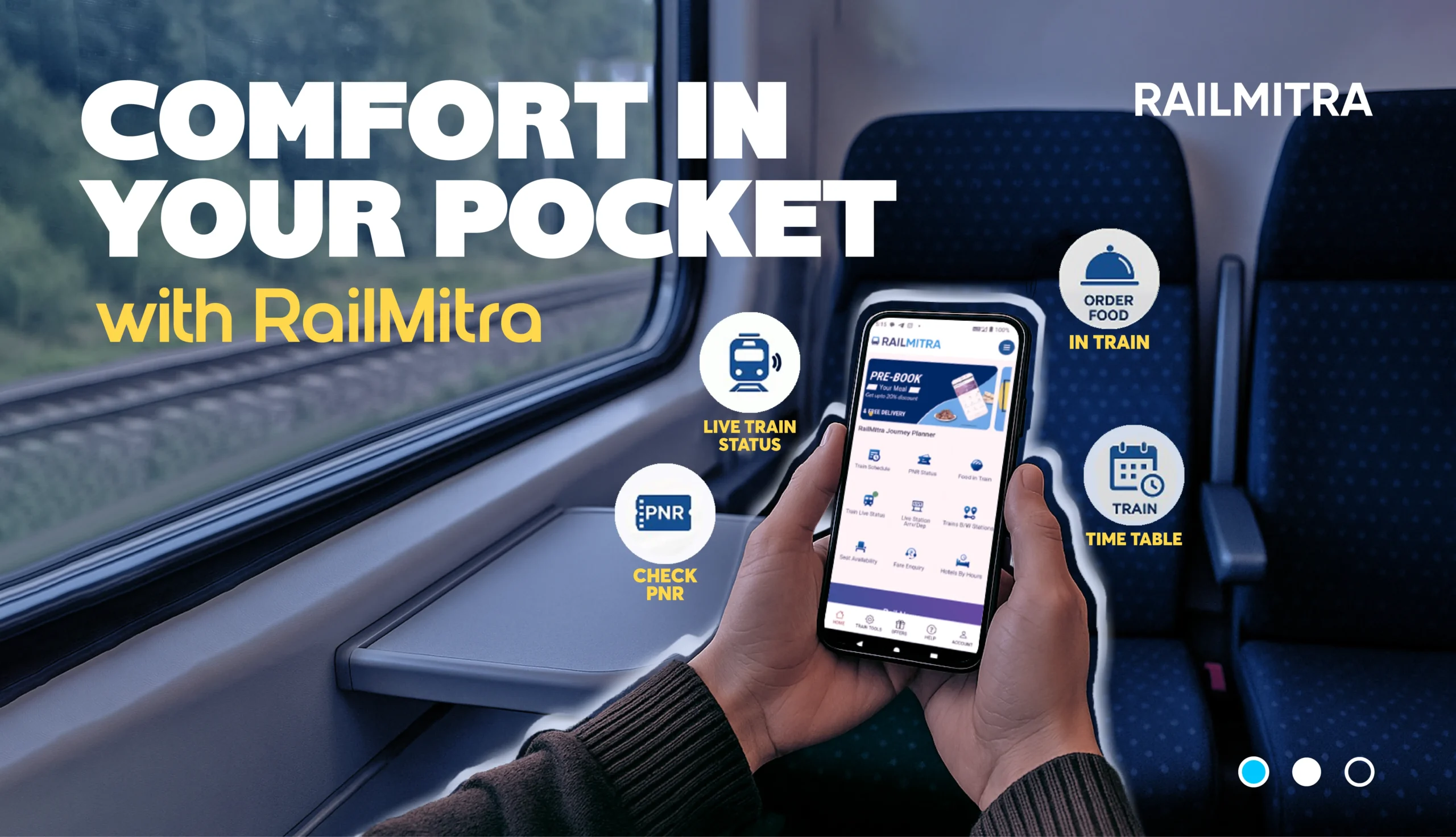 Passenger enjoying a comfortable travel with the help of different services available at the RailMitra platform.