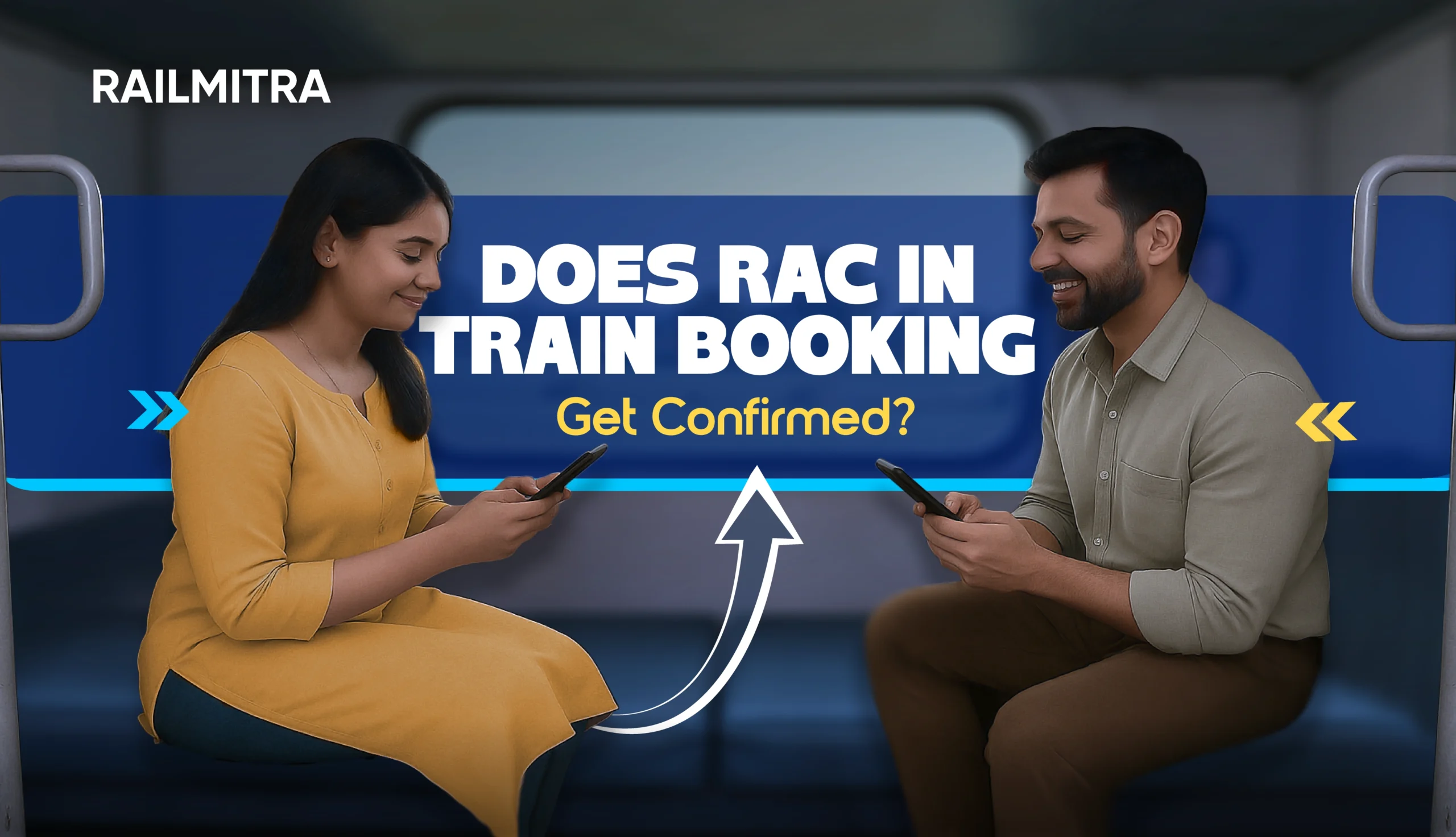 Man and woman smiling while checking RAC train booking status on mobile phones inside a train compartment.