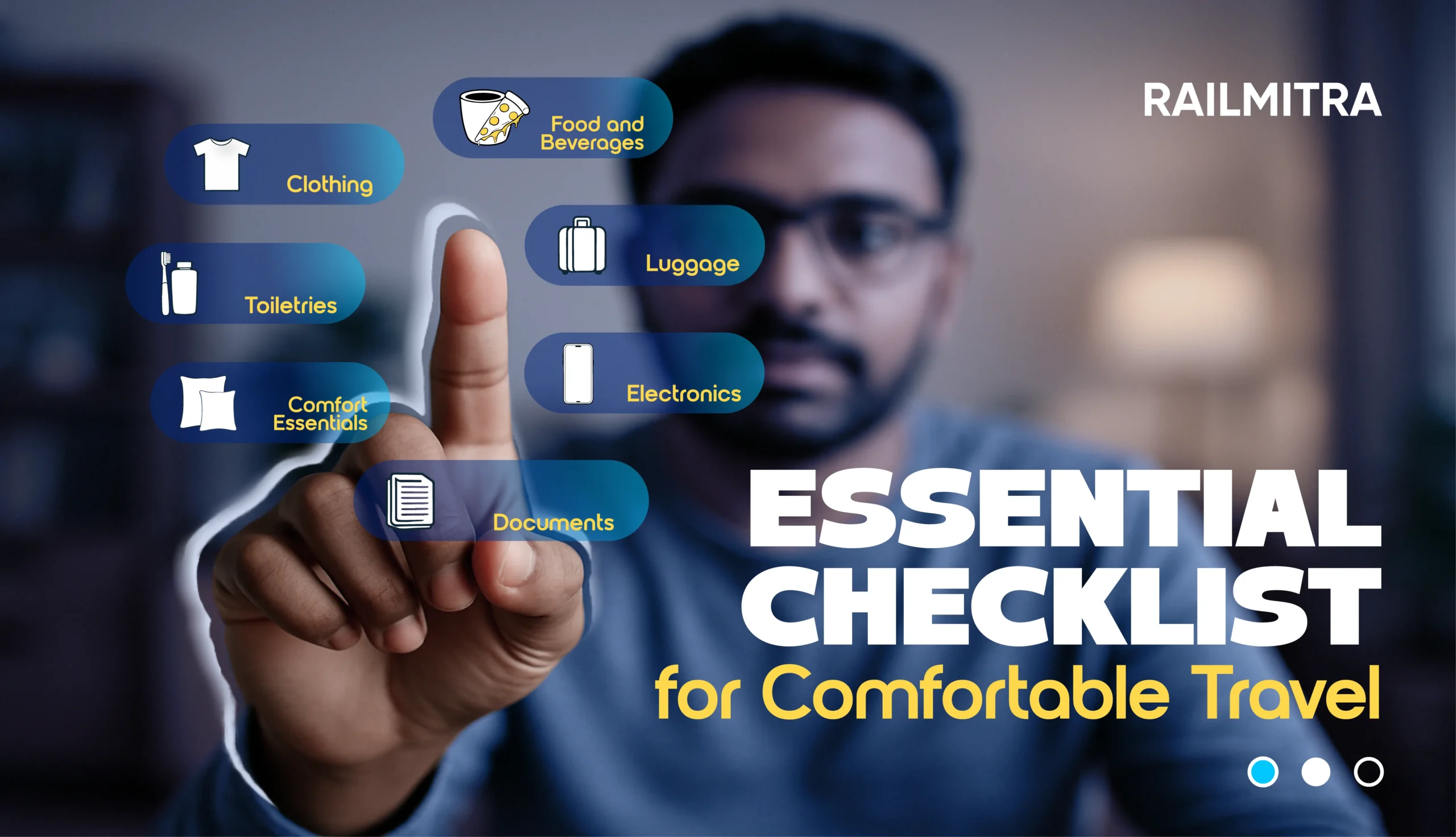 An infographic displaying essential items to carry for a comfortable travel on trains
