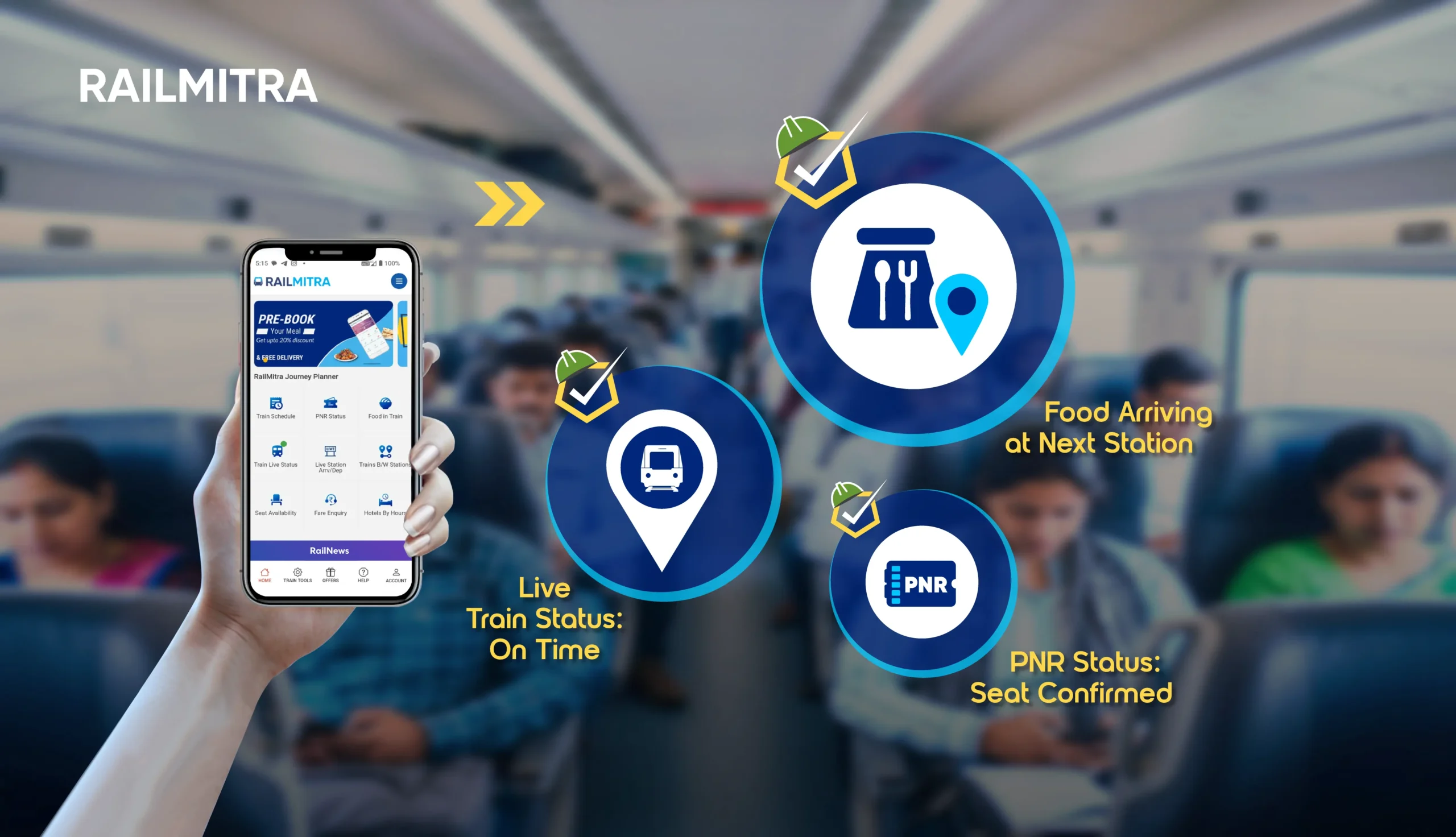 Train travel services provided by RailMitra which includes Food Delivery, Live Train Status and PNR Status.