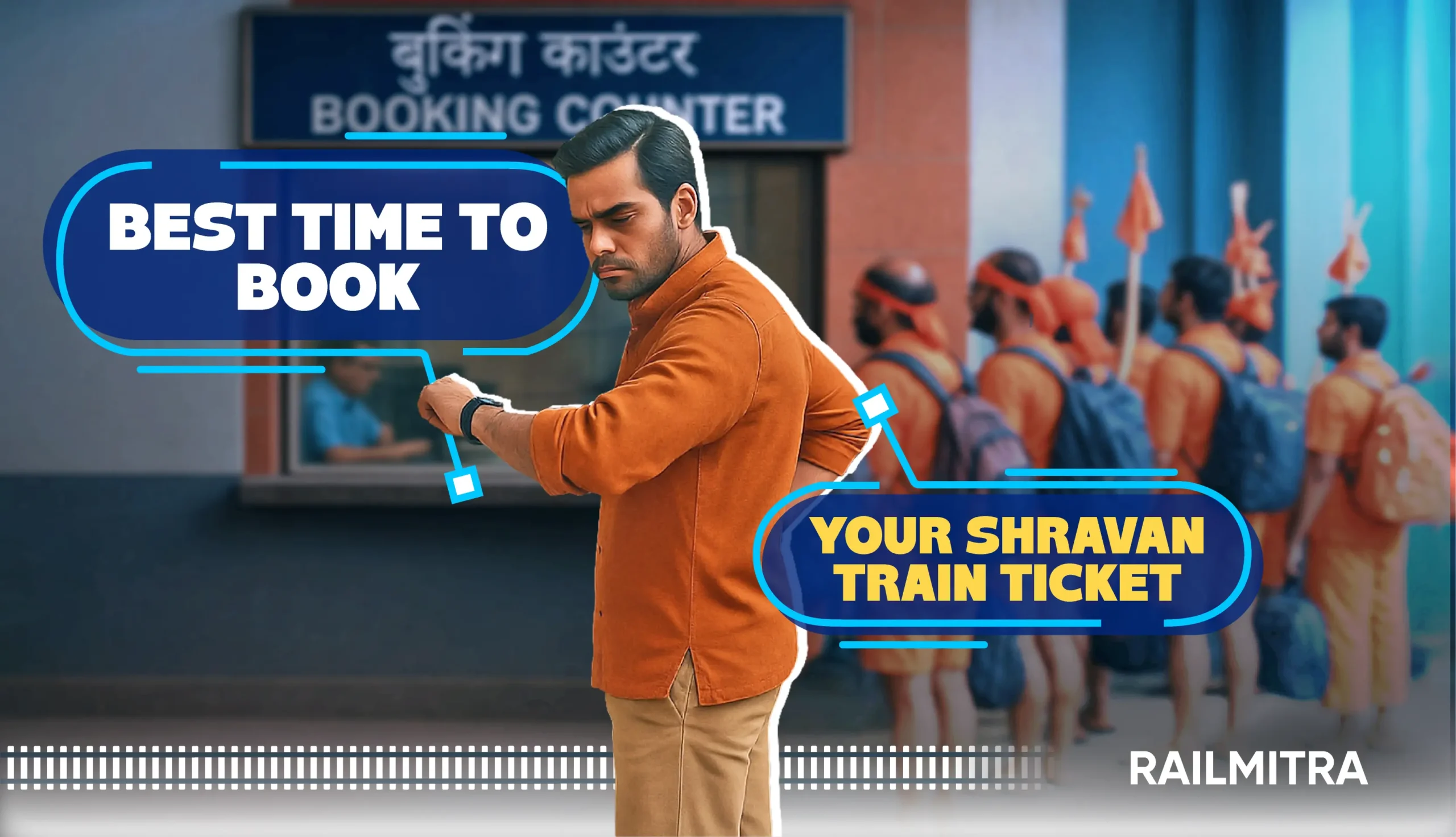 Man checking time at a railway booking counter during Shravan Yatra, highlighting the best time to book a train ticket with RailMitra