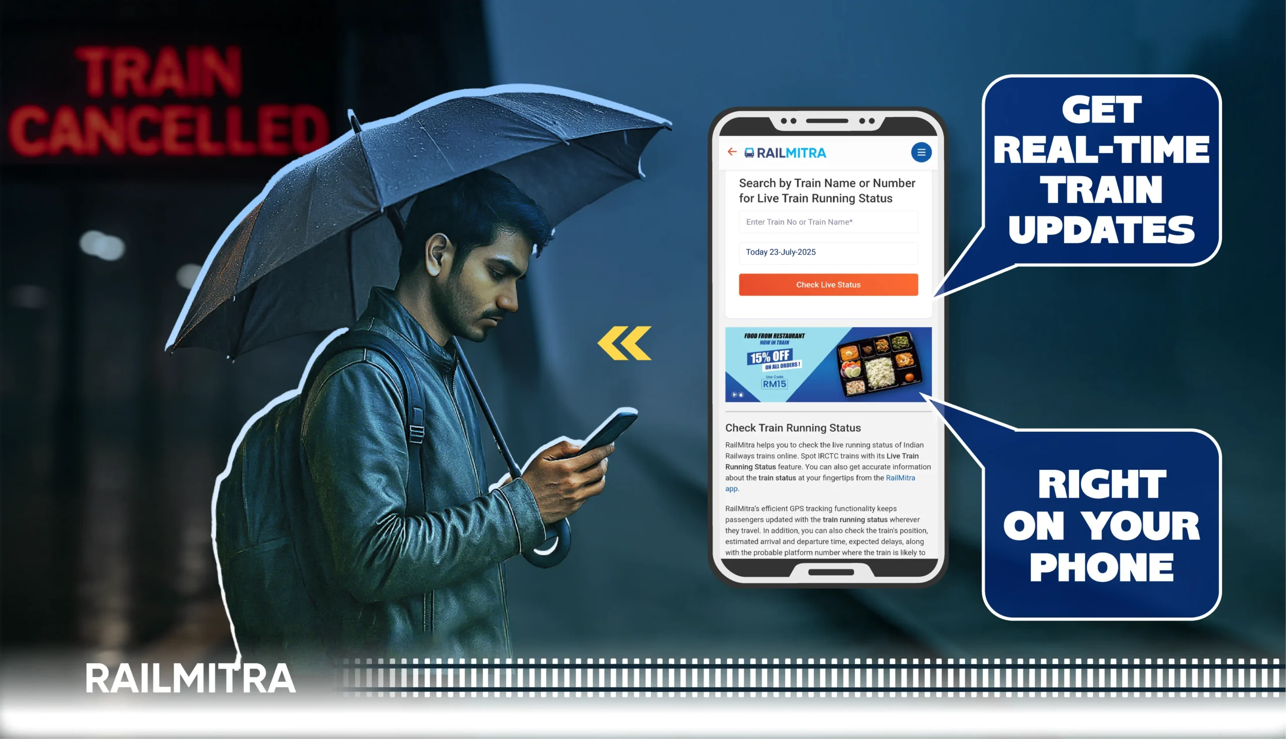 Real-time updates for train cancellations on mobile app during rainy weather