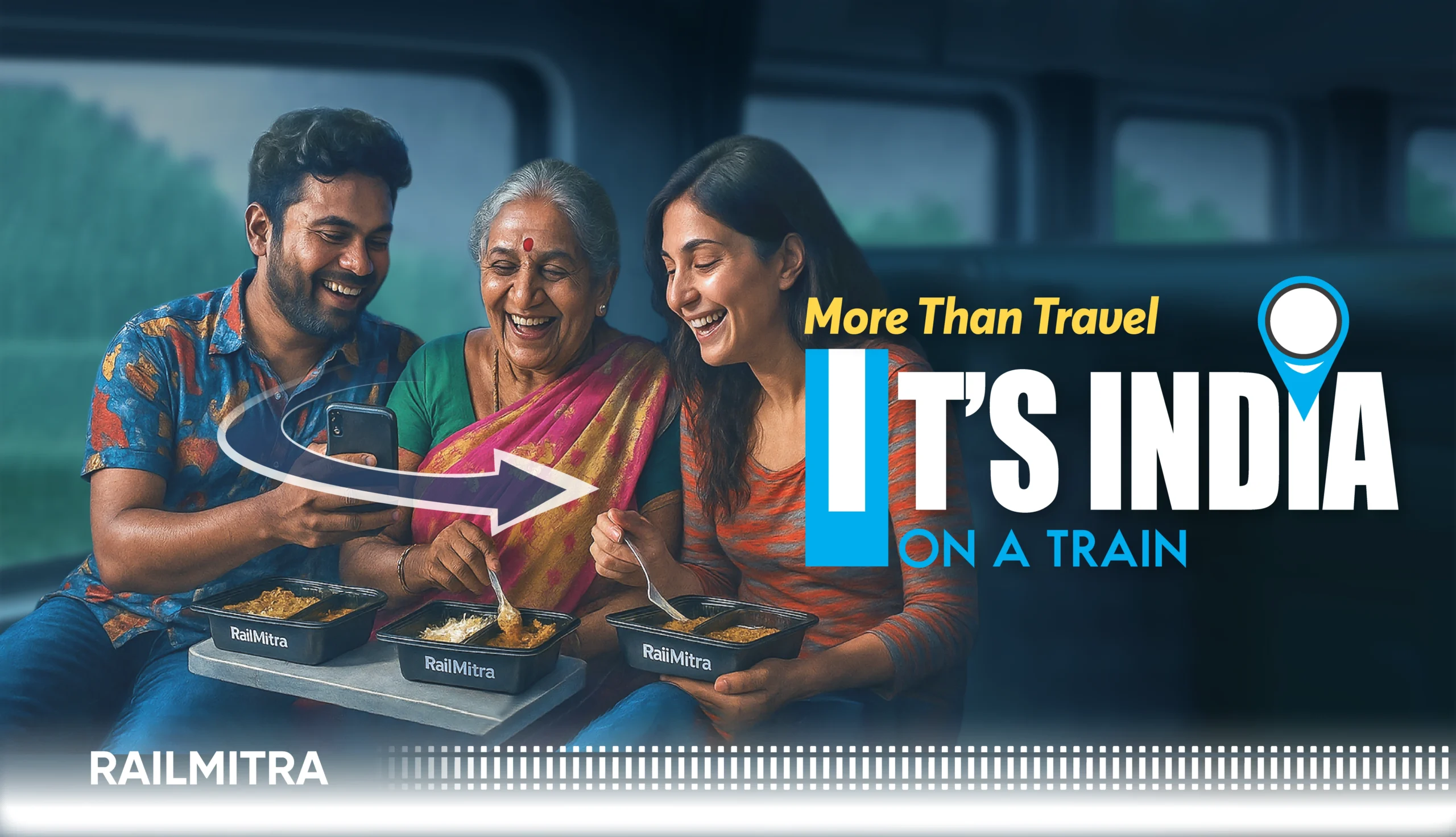 Strangers sharing a joyful meal together during a train travel experience in India with RailMitra.