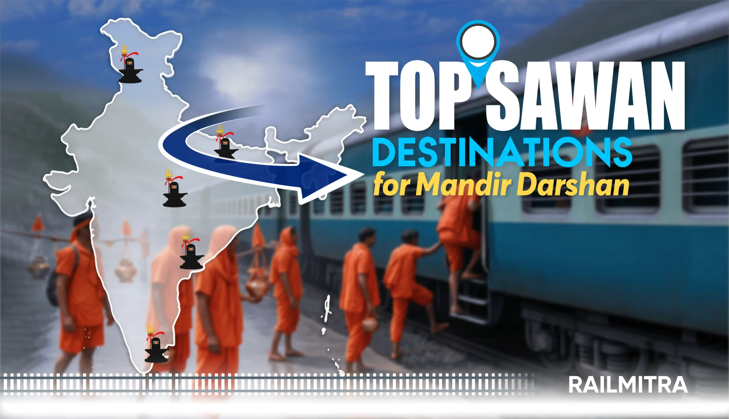 Map of India showing Jyotirlinga locations with pilgrims boarding trains, representing top Sawan temple destinations connected by train routes.