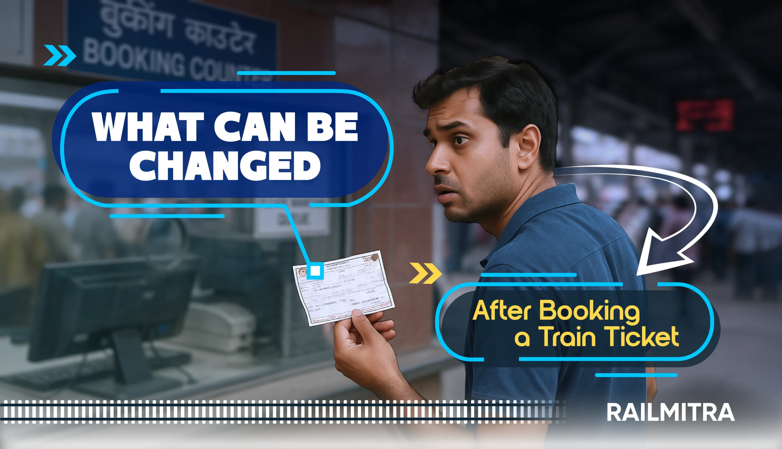 Person standing at a railway booking counter holding a ticket, representing changes allowed after booking a train ticket.