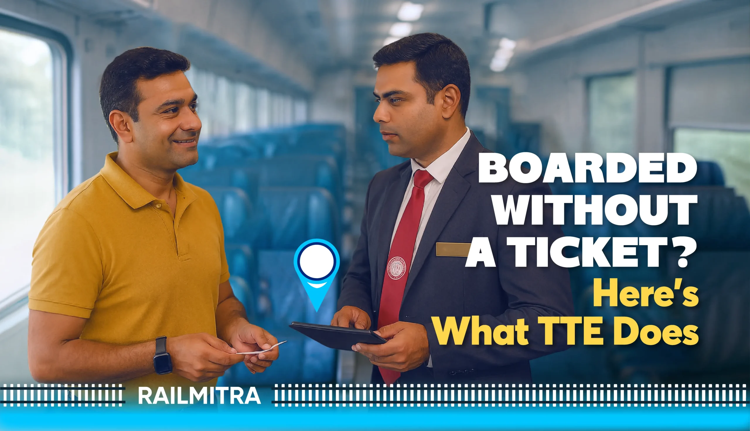 Passenger showing details to TTE after boarding without a train ticket on Indian Railways.