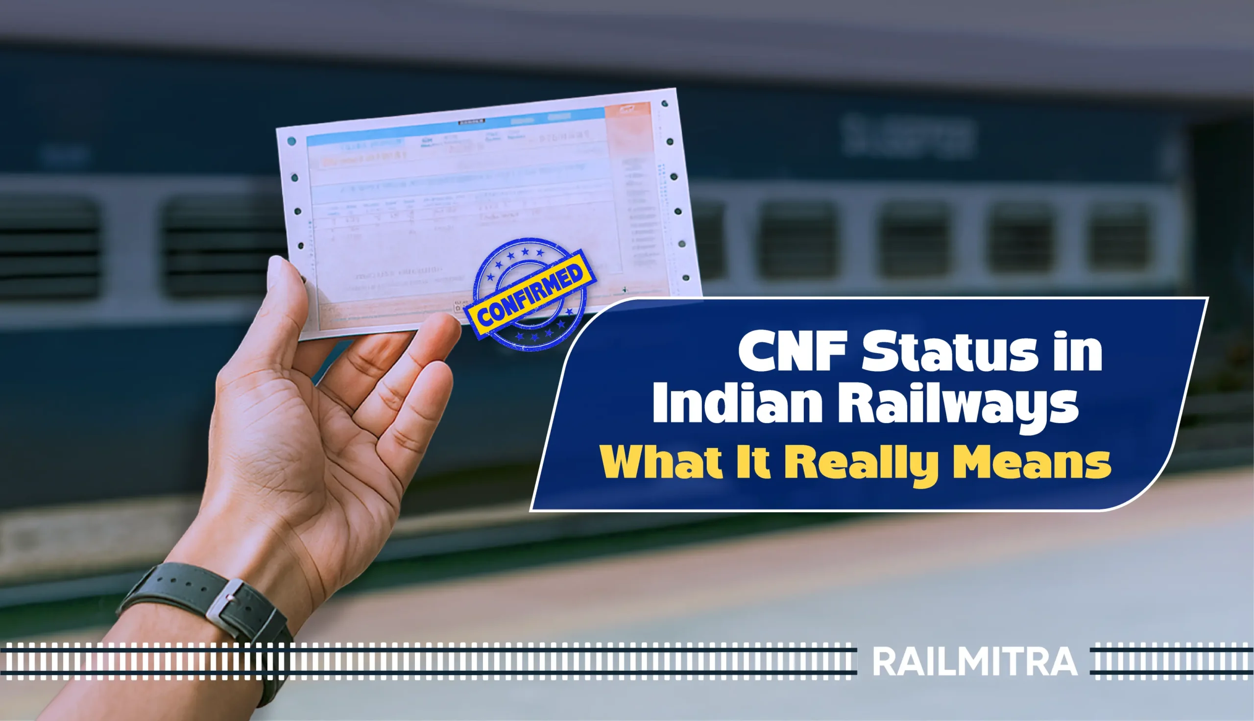 Hand holding confirmed railway ticket showing CNF status in Indian Railways with RailMitra.