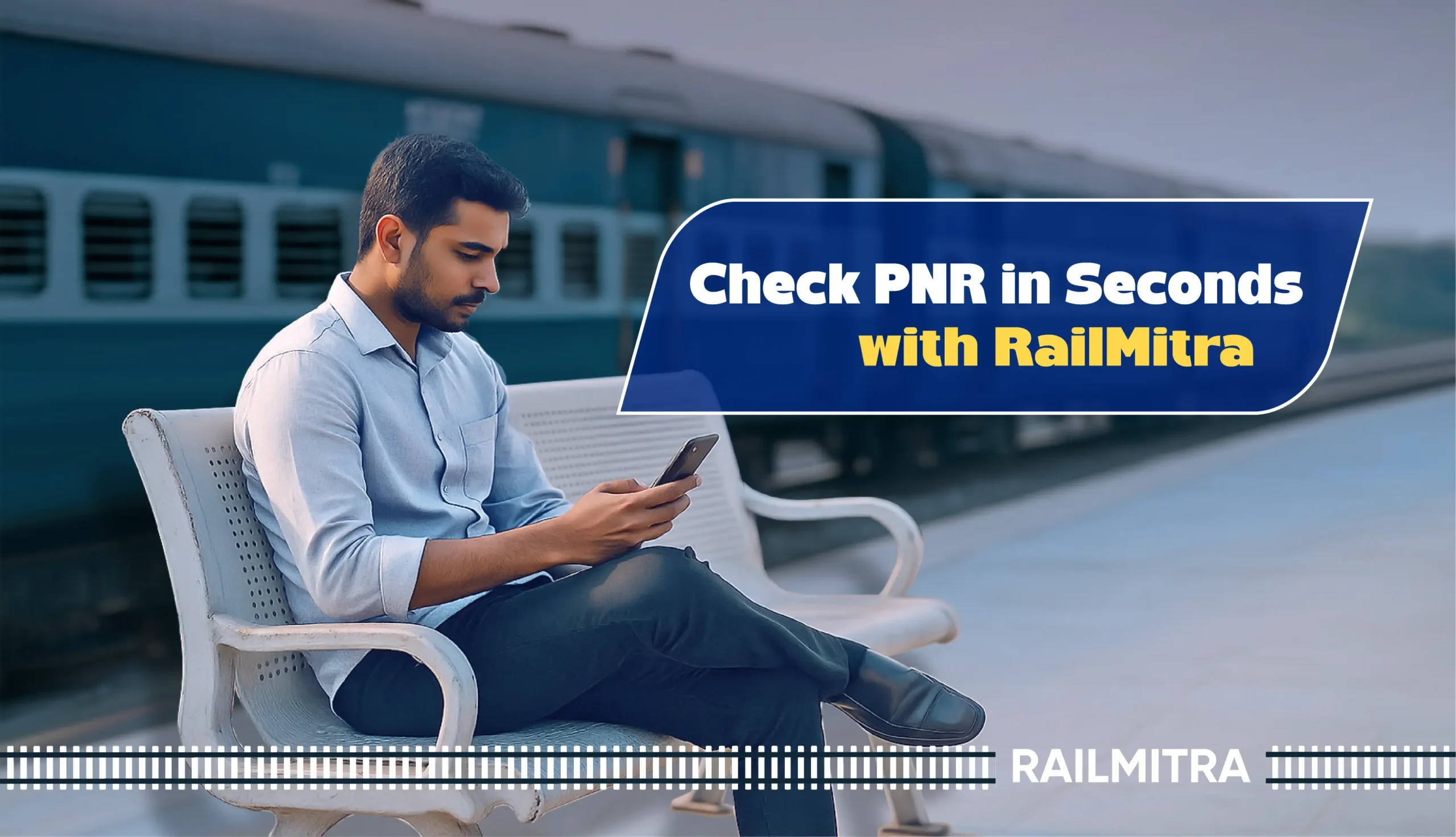 Man checking PNR status on mobile at railway station using RailMitra app.