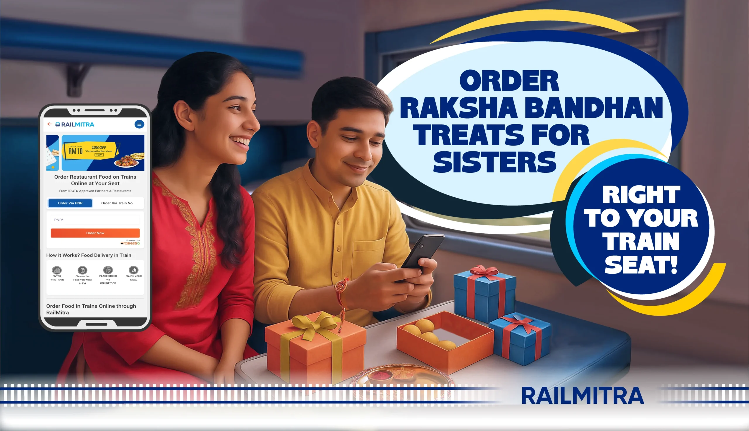 Brother ordering Raksha Bandhan 2025 treats for his sister on a train using RailMitra app.