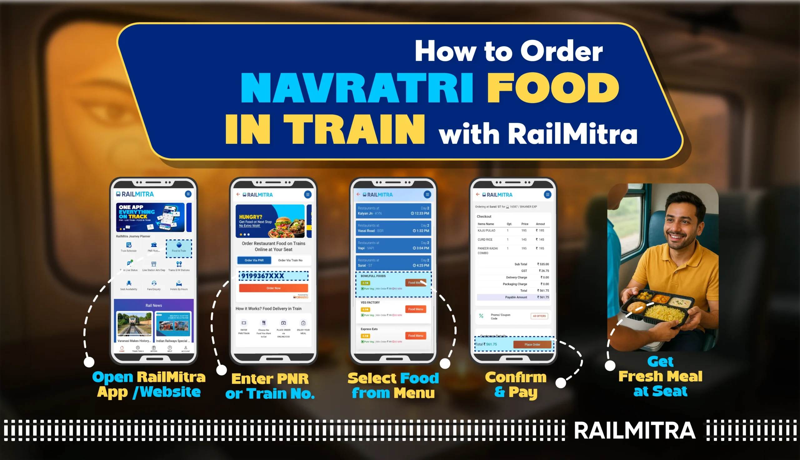 Steps to order Navratri 2025 fasting food in train with RailMitra