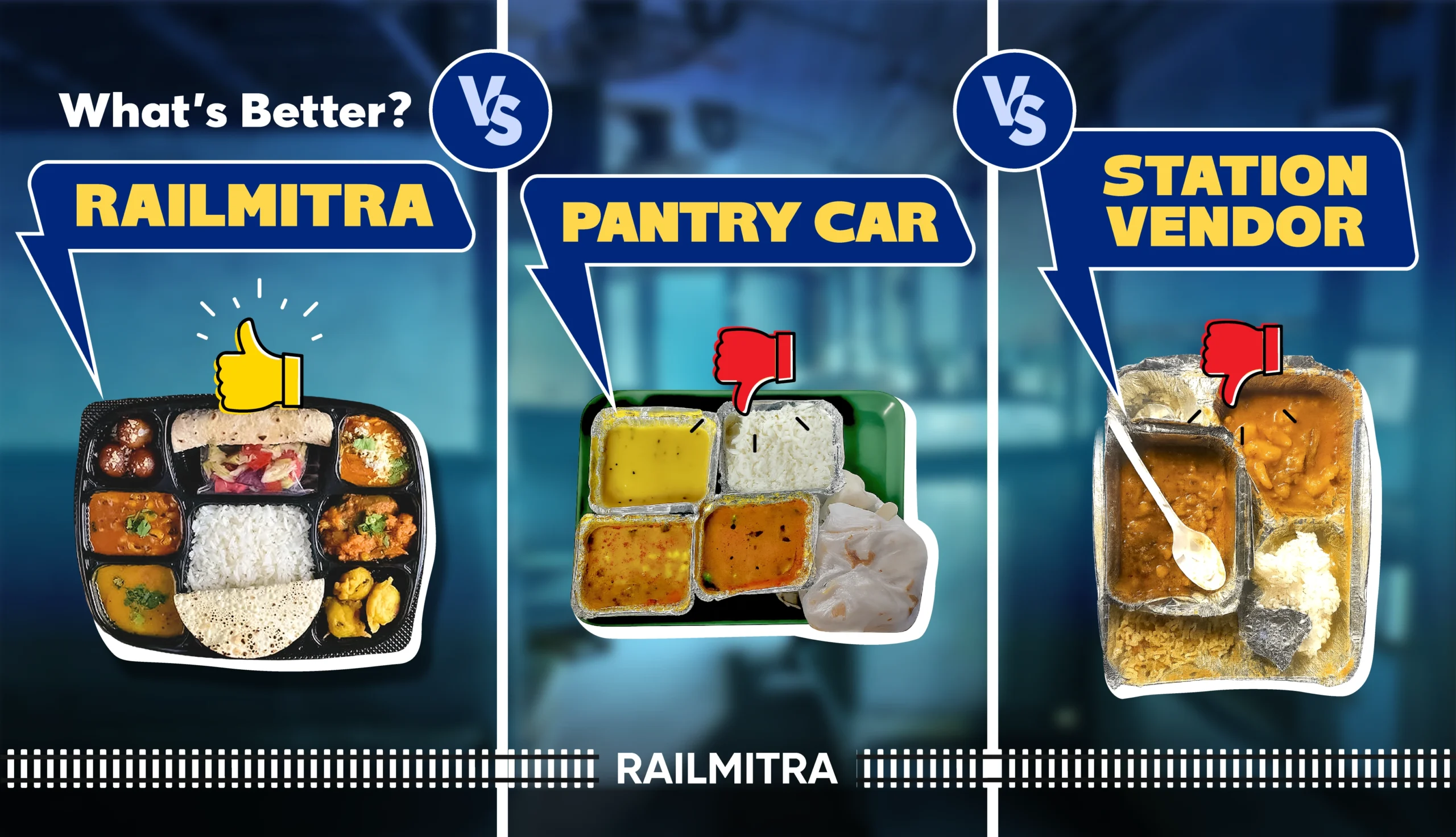 Comparison of meals on train from RailMitra, pantry car, and station vendors