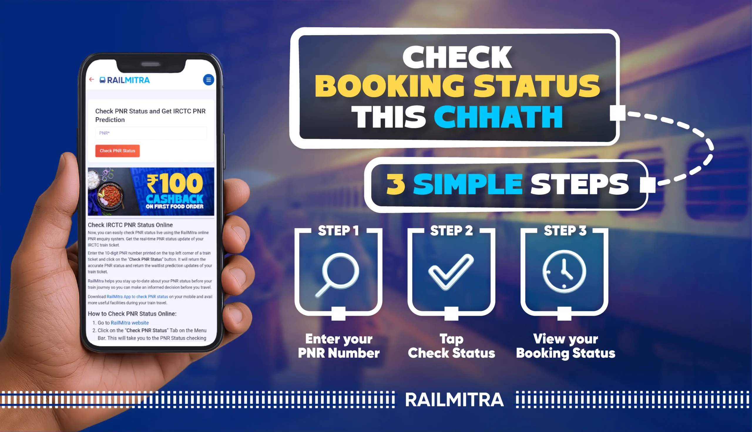 RailMitra app showing how to check train booking status in three simple steps during Chhath.