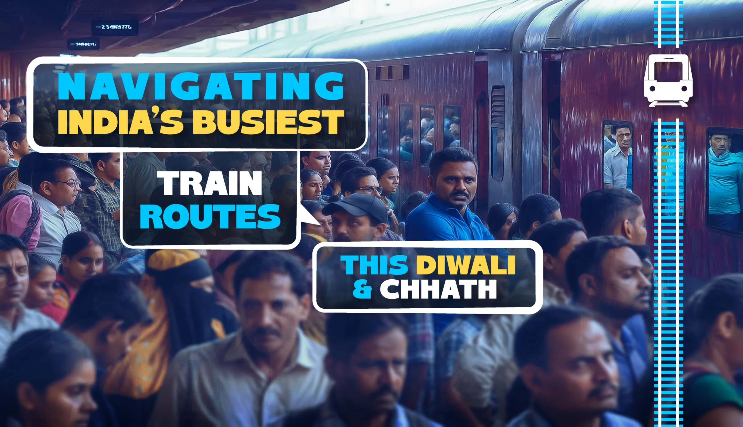 Extremely crowded railway platform and train with text: "Navigating India's Busiest Train Routes This Diwali & Chhath."