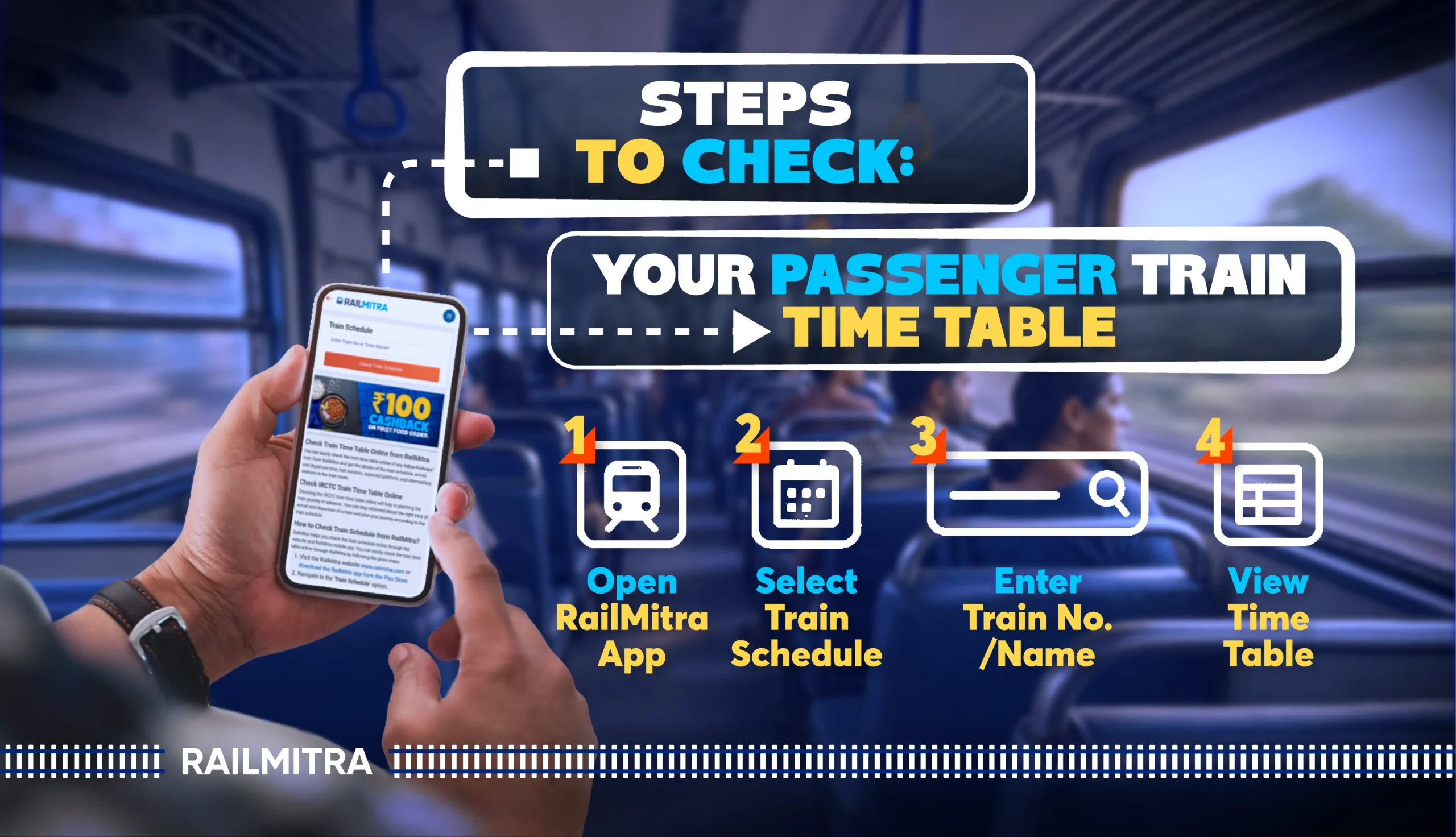 Steps to check Passenger Train Time Table on RailMitra app