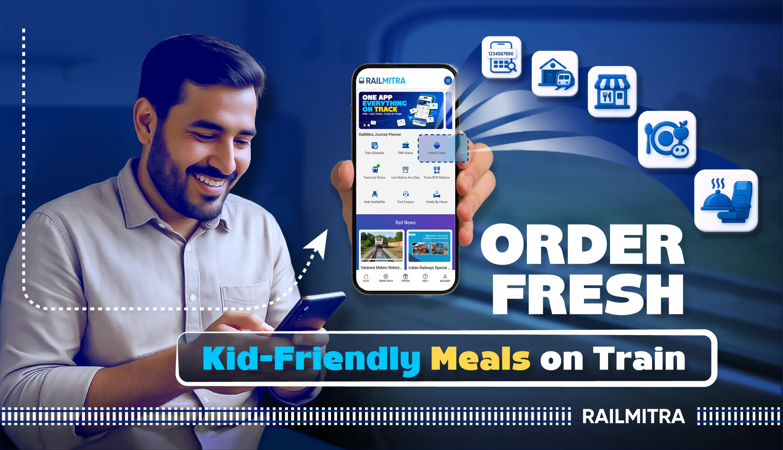 Passenger ordering kid-friendly meals on the RailMitra app, showing step-by-step process to order food on train.