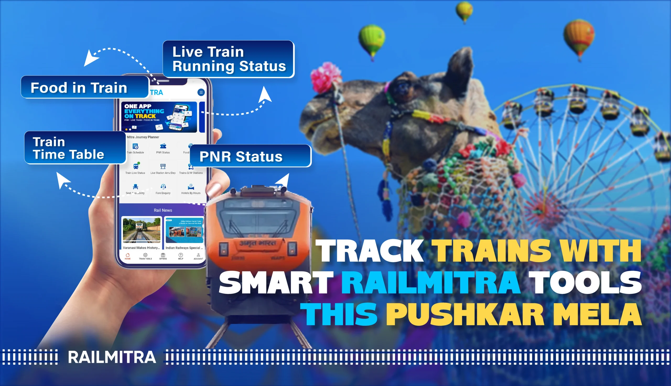 Track trains to Pushkar Mela 2025 using RailMitra tools like live train running status, PNR status, food in train, and train time table.