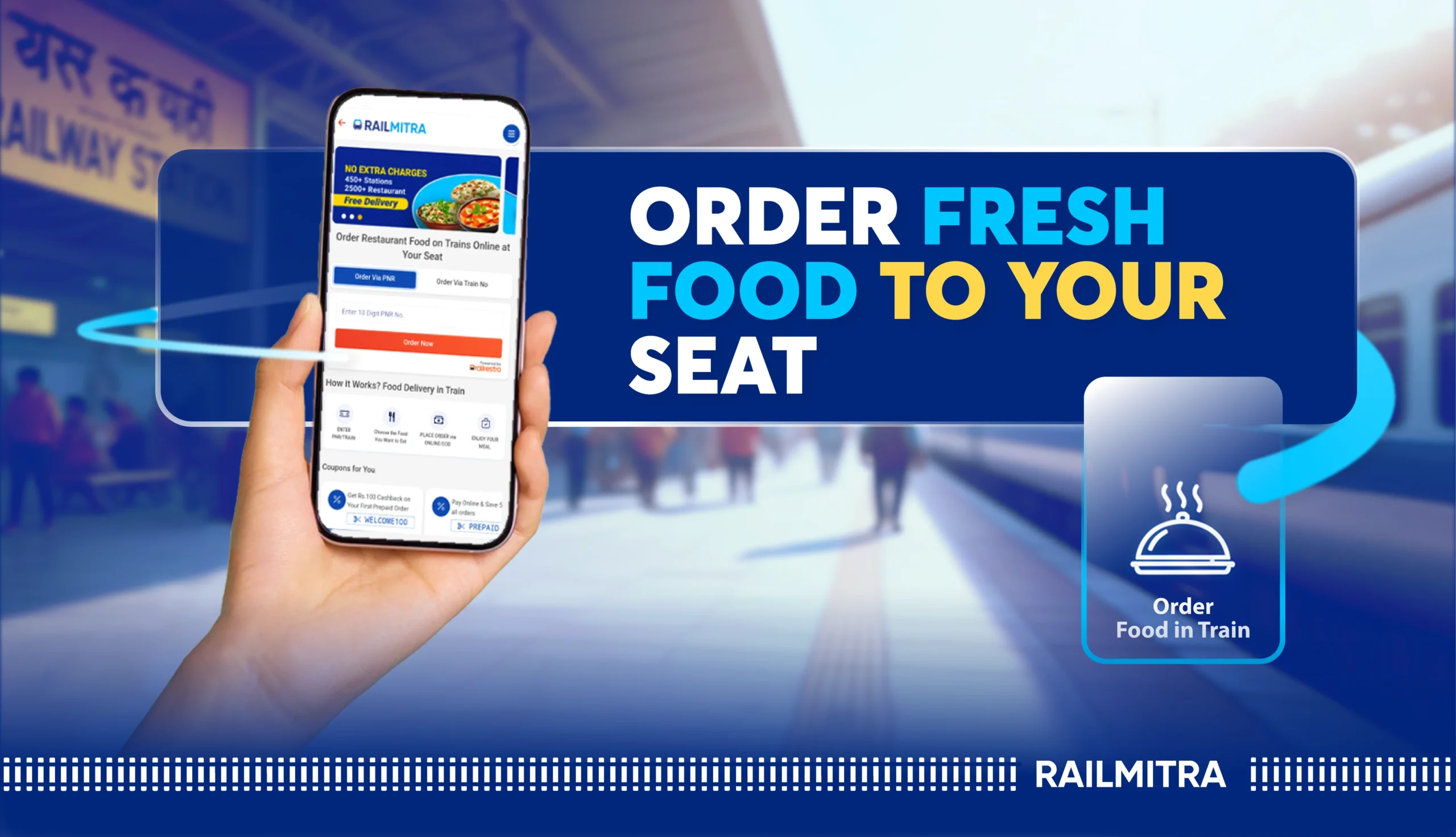 Ordering fresh food in train using the RailMitra app for comfortable train travel.