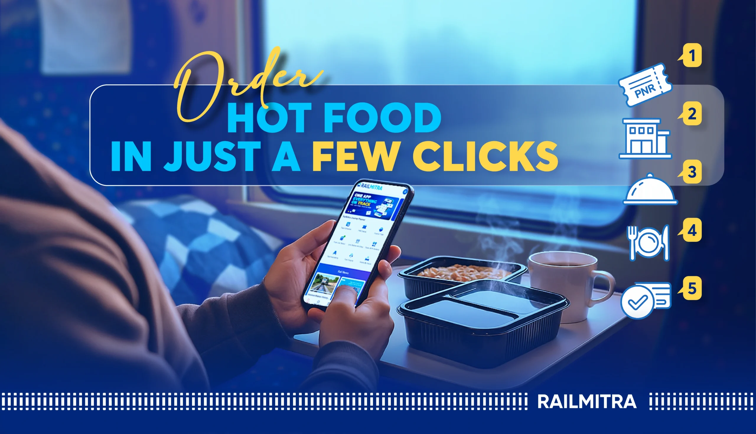 Passenger ordering hot food in train using RailMitra app during winter journey.