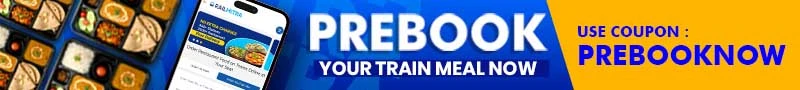 RailMitra prebook food banner showing 25% cashback offer with coupon PREBOOKNOW and mobile app preview.