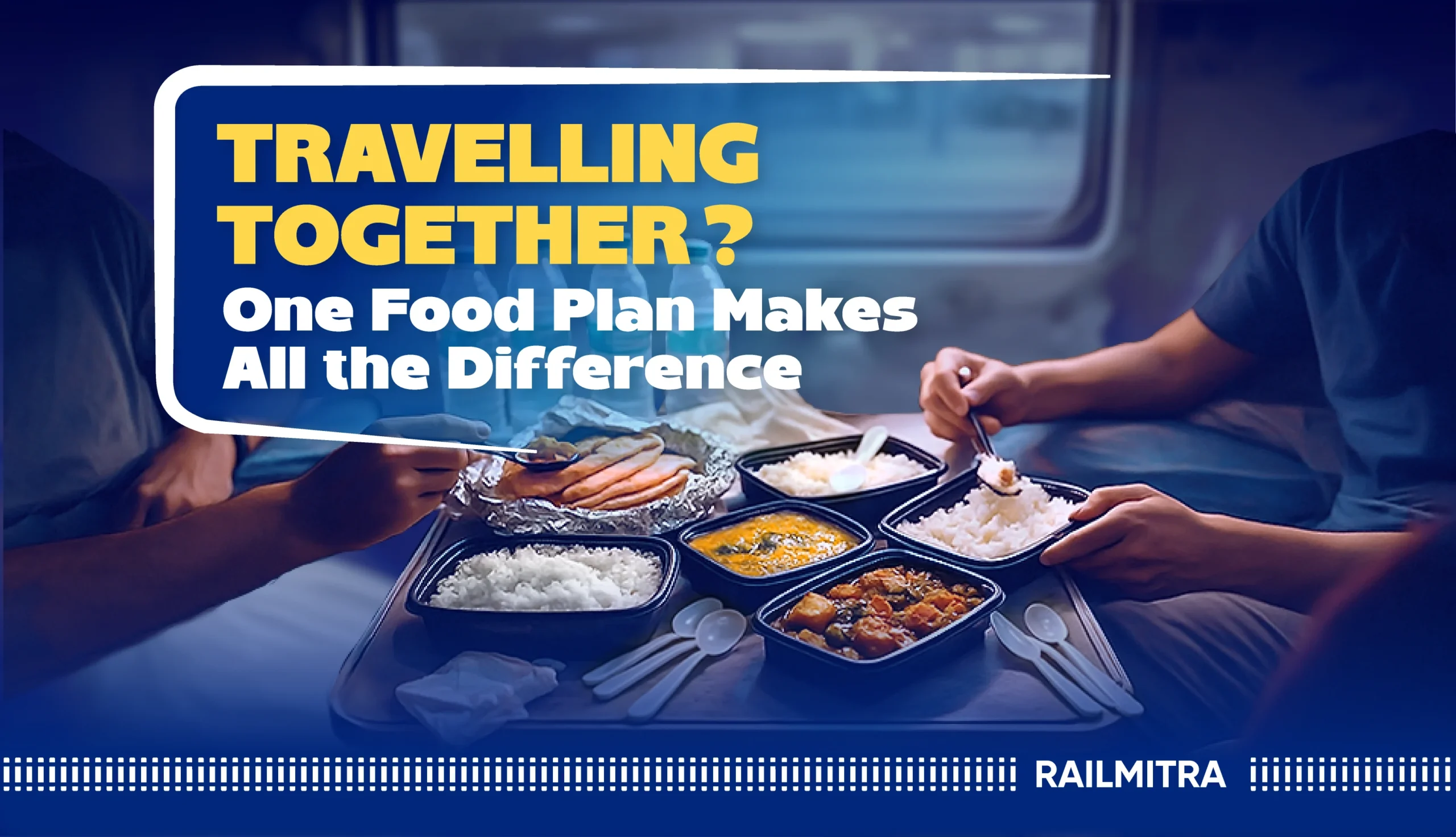 Group of passengers sharing multiple food trays inside a train after placing a group food order