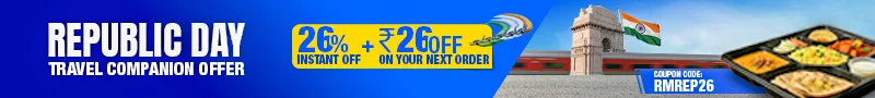 Republic Day RailMitra travel companion offer with 26% instant discount and ₹26 off on next order using coupon code RMREP26