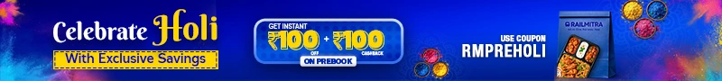 RailMitra Holi offer banner showing ₹100 + ₹100 cashback on prebook with coupon RMPREHOLI