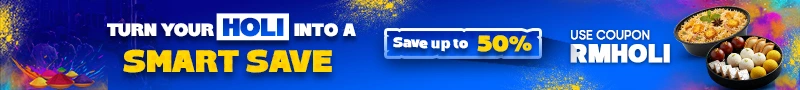 RailMitra Holi offer banner showing RMHOLI coupon code with up to 50% savings on food delivery in trains