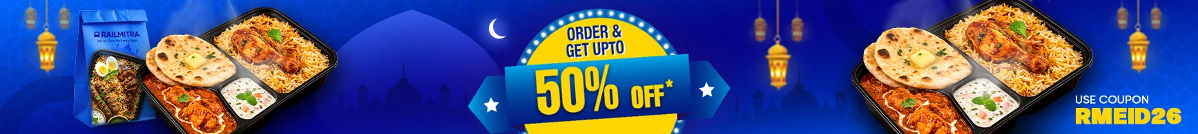 RailMitra Eid 2026 food order banner offering up to 50% off with coupon RMEID26
