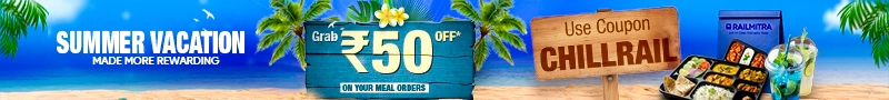 RailMitra CHILLRAIL coupon banner featuring a summer vacation offer with ₹50 off on meal orders, tropical beach theme, and RailMitra food delivery service.