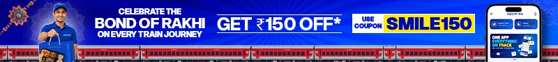 RailMitra Raksha Bandhan banner offering ₹150 off on food orders when customers use coupon code SMILE150 during their train journey.